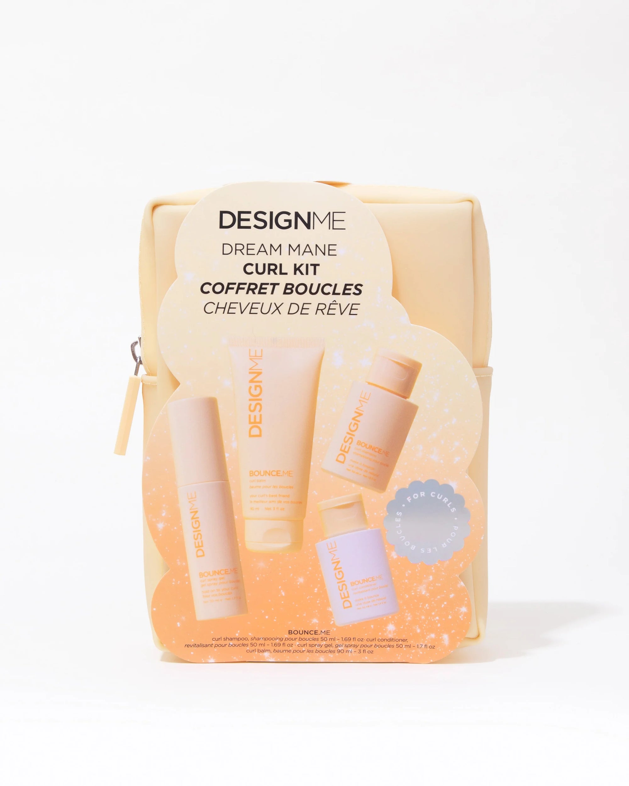 Trousse minis pour boucles Design.Me – shampoing, revitalisant, baume et spray en format voyage