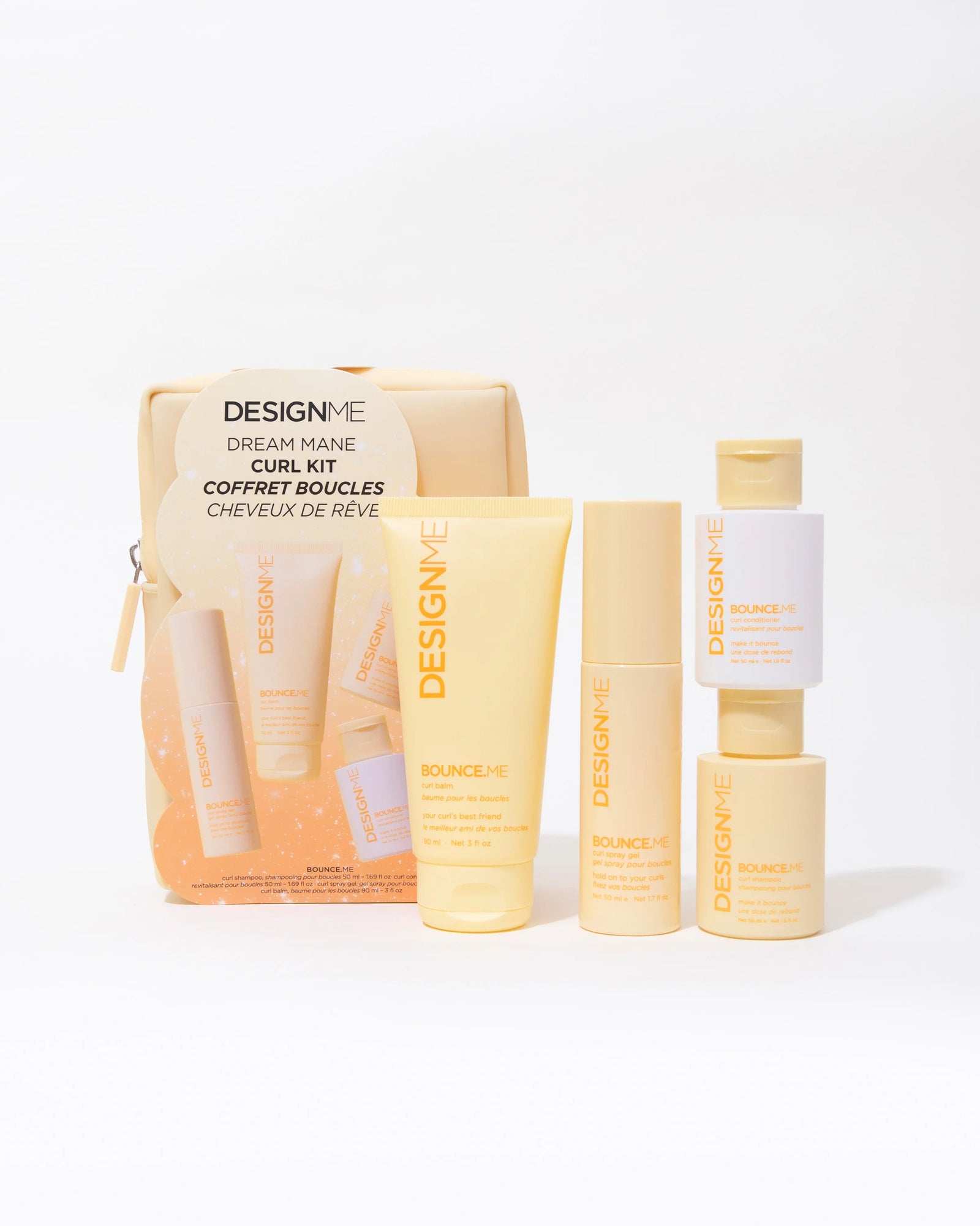 Trousse minis pour boucles Design.Me – shampoing, revitalisant, baume et spray en format voyage