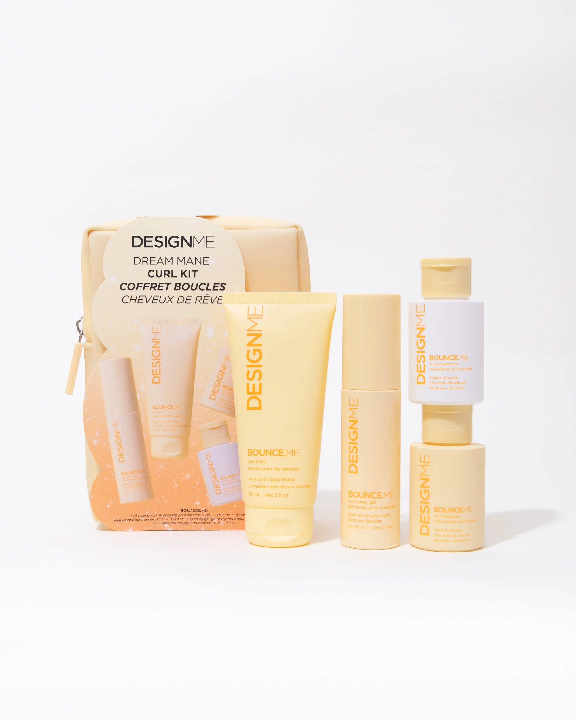 Trousse minis pour boucles Design.Me – shampoing, revitalisant, baume et spray en format voyage