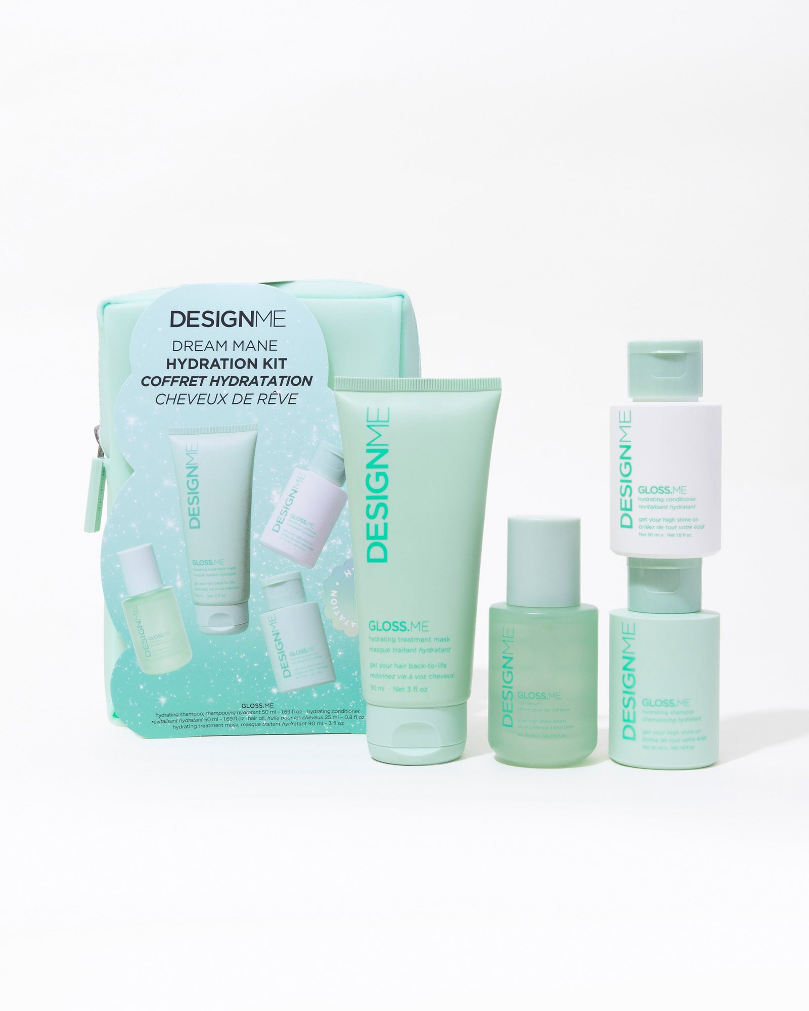 Trousse minis hydratation Design.Me – shampoing, revitalisant, masque et sérum hydratants en format voyage