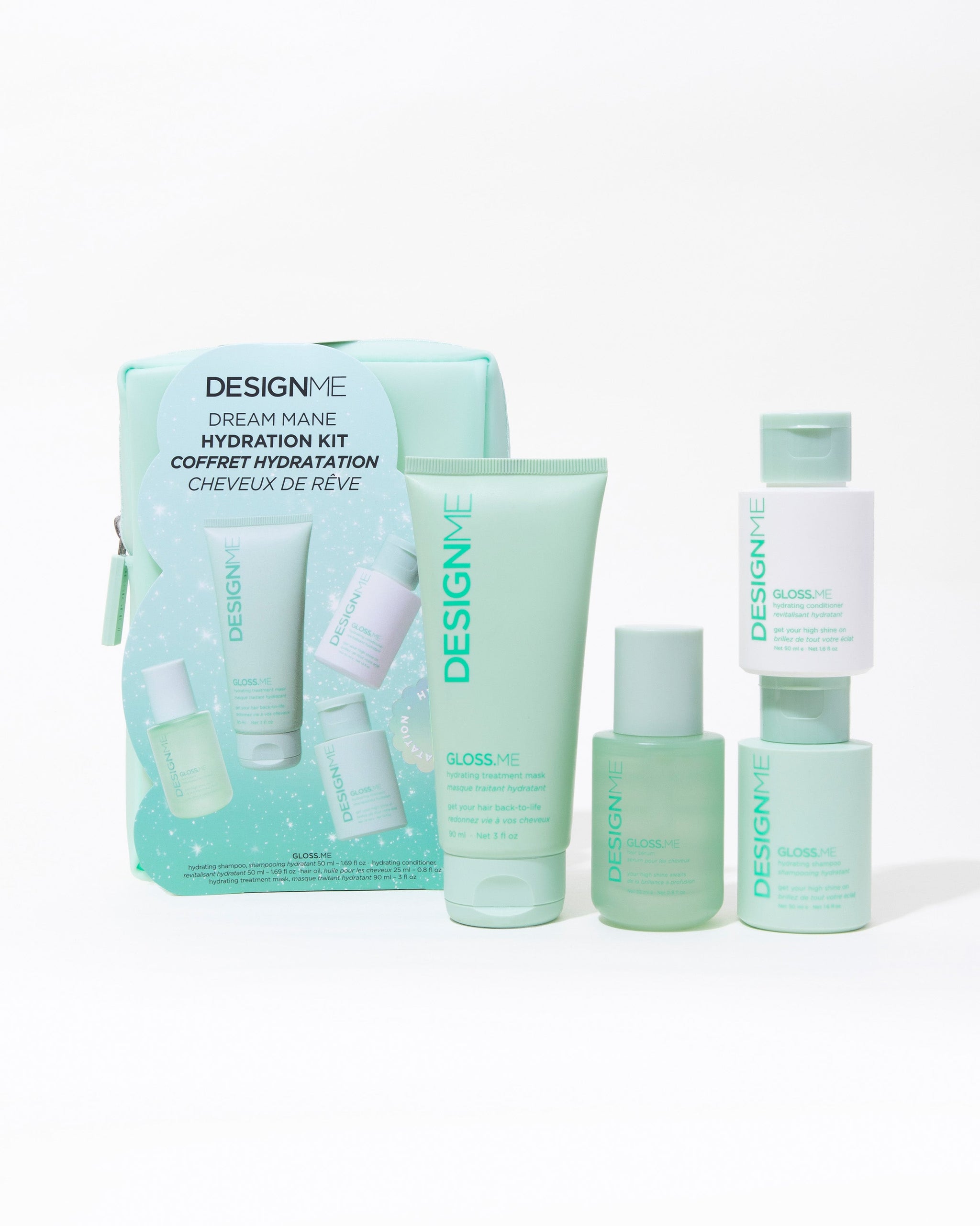 Trousse minis hydratation Design.Me – shampoing, revitalisant, masque et sérum hydratants en format voyage