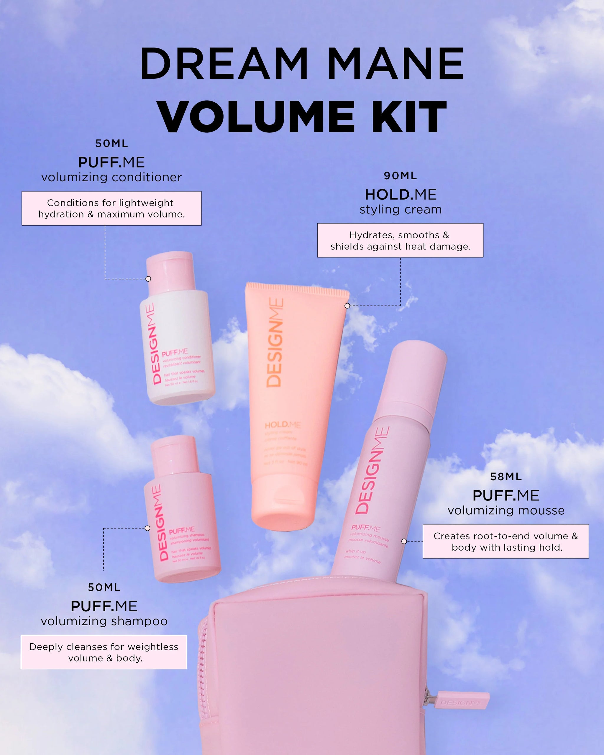Trousse minis volume Design.Me – shampoing, revitalisant et spray volumisant format voyage