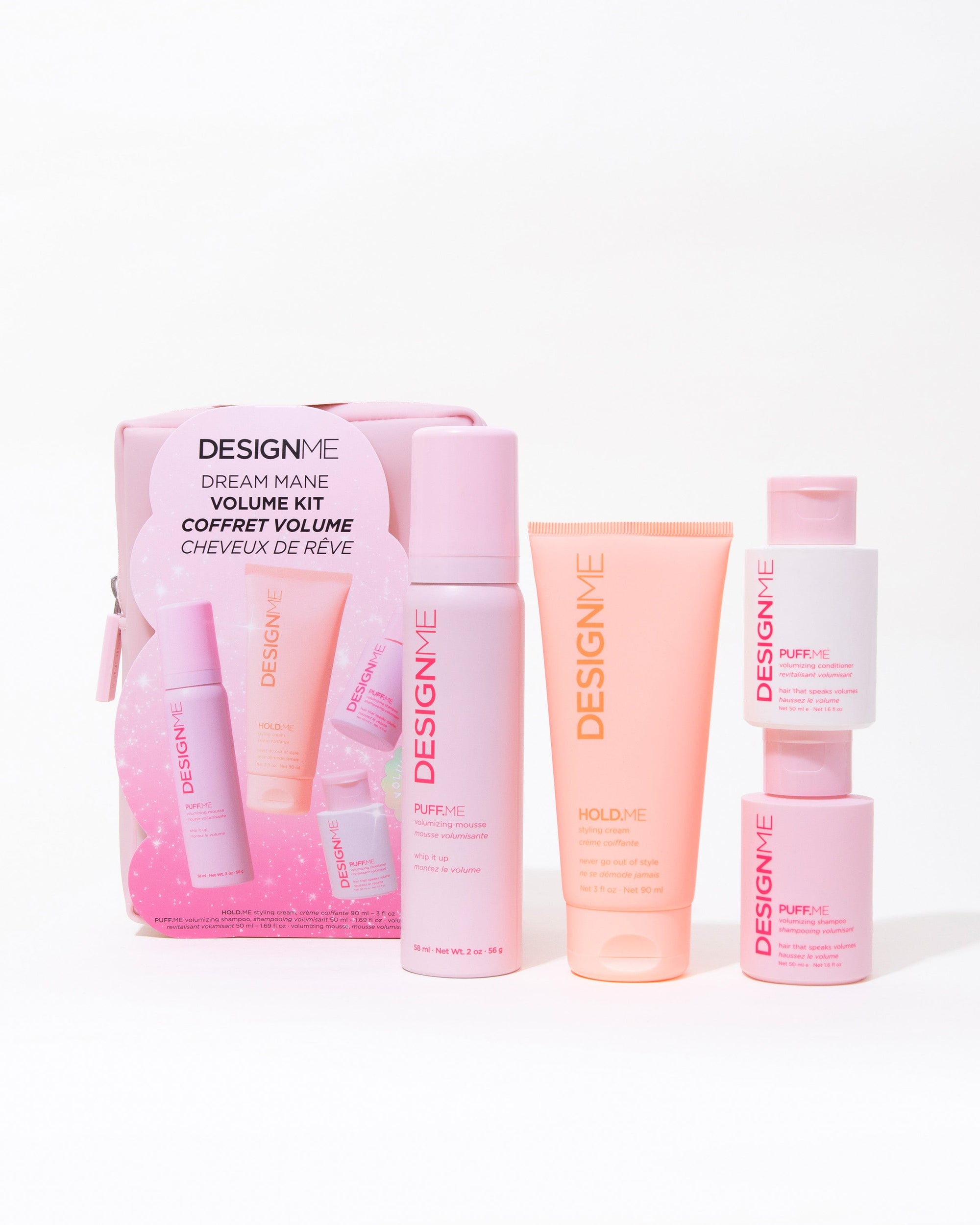 Trousse minis volume Design.Me – shampoing, revitalisant et spray volumisant format voyage